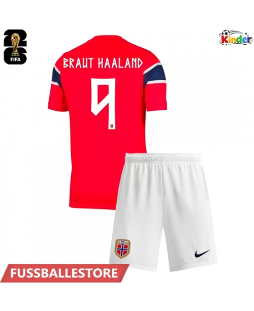 Günstige Norwegen Erling Haaland #9 Heimtrikotsatz Kinder WM 2026 Kurzarm (+ Kurze Hosen)